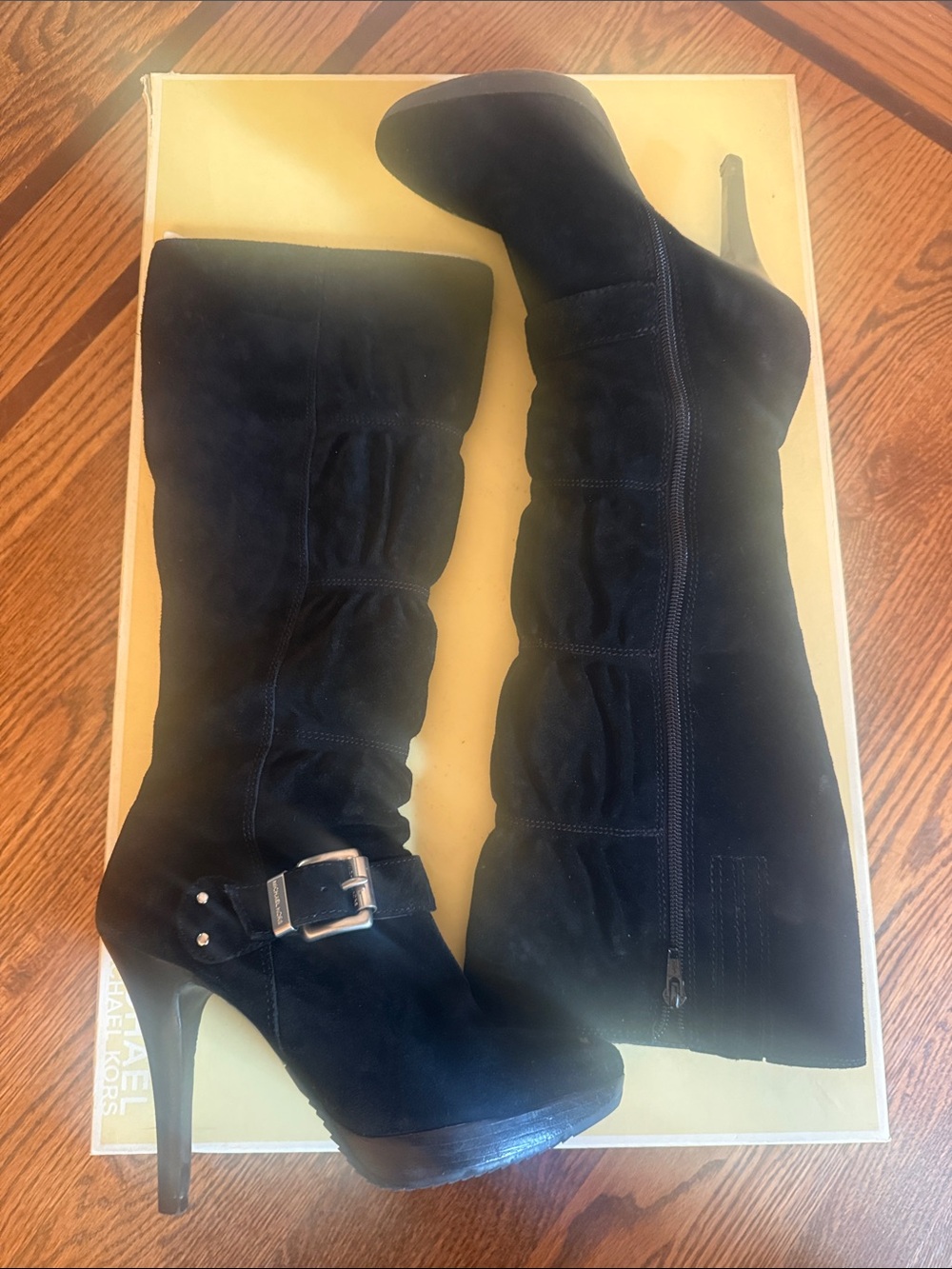 MICHAEL Michael Kors Black Suede Knee-High Stiletto Boots with Buckle